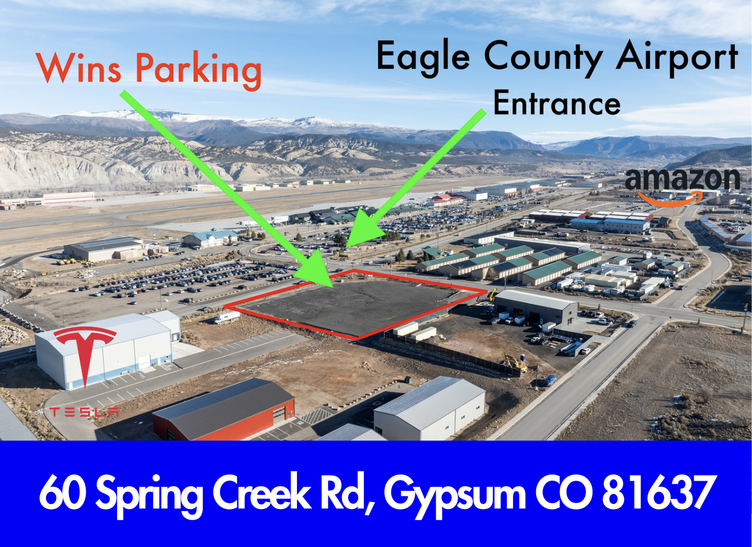 Best location for Eagle County Airport parking — Wins Parking at 60 Spring Creek Road in Gypsum, Colorado, directly across from the EGE airport entrance near Tesla and Amazon facilities