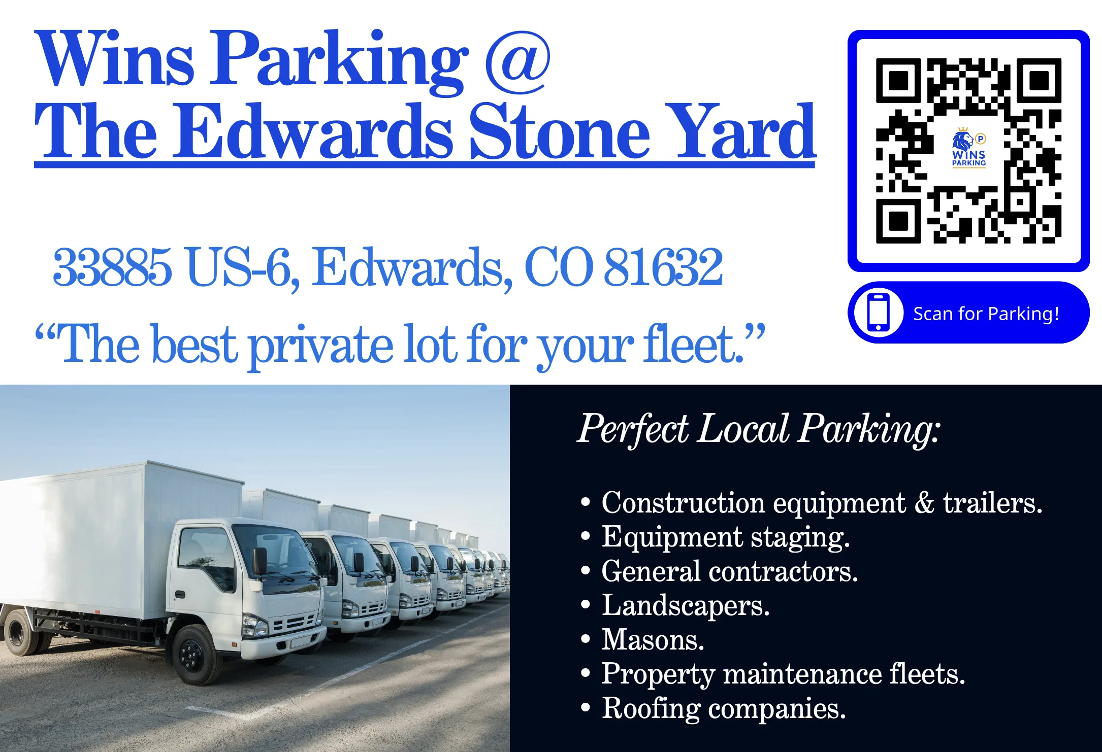 Wins Parking at Edwards Stone Yard - Perfect local parking for construction, landscapers, and fleet vehicles