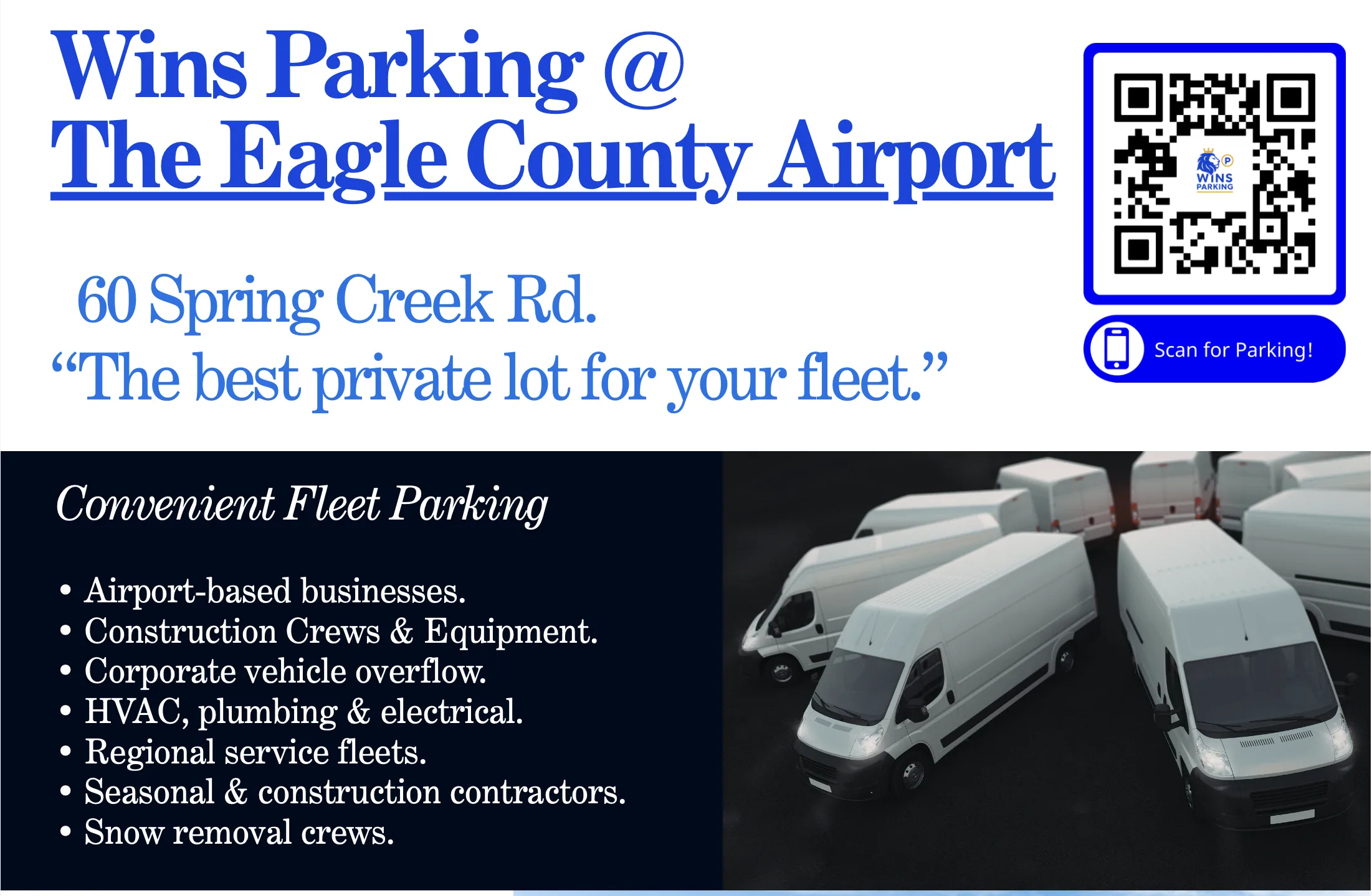 Wins Parking at Eagle County Airport - Convenient Fleet Parking for airport-based businesses, construction crews, HVAC, plumbing, and snow removal
