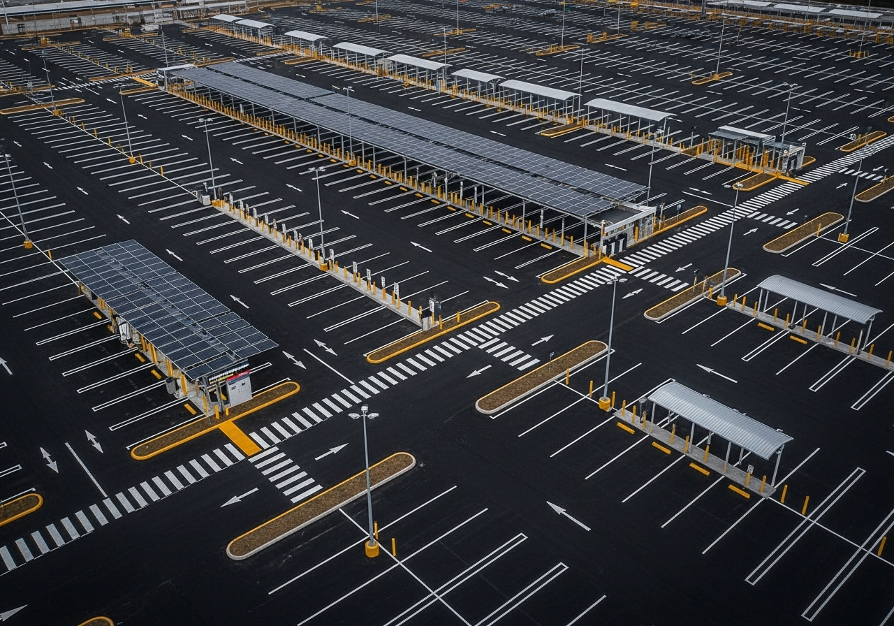 The same 1,200-space lot transformed by Wins Parking: massive expanse of perfectly smooth jet-black asphalt, crisp white double-stripes, yellow flow arrows, numbered zones, EV charging bank, solar canopies, forty LED columns, thirty PTZ and LPR cameras, shuttle pickup zones with shelters, LPR entry and exit gantries.