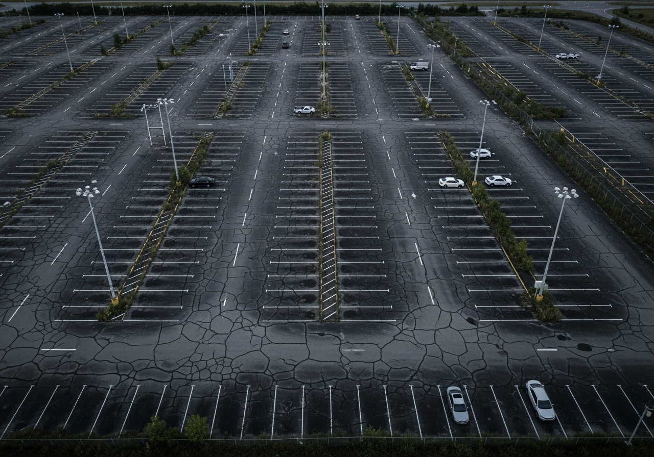 A 1,200-space airport long-term parking lot in disrepair at twilight: vast cracked asphalt with extensive alligator cracking, faded illegible stripes, a few dim sodium poles with long dark gaps, no surveillance, broken perimeter fence.