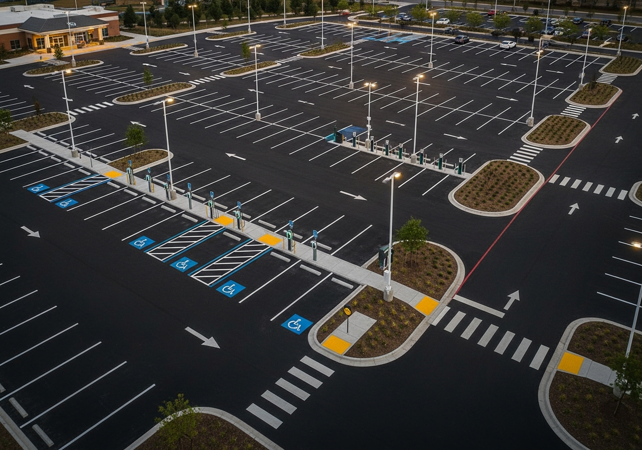 The same 500-space lot fully renovated by Wins Parking: smooth jet-black asphalt with crisp white double-stripes, yellow directional flow arrows, painted crosswalks, blue ADA spaces, six EV chargers, twenty LED columns, twelve security cameras, EV bay and tidy aisles.