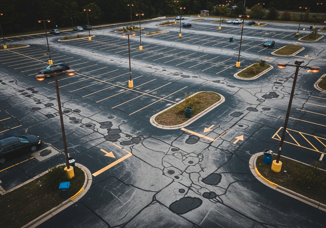 A 500-space suburban hotel and office parking lot in poor condition: patchy asphalt with potholes, faded yellow stripes, sparse dim wooden light poles, no surveillance infrastructure, random parking.