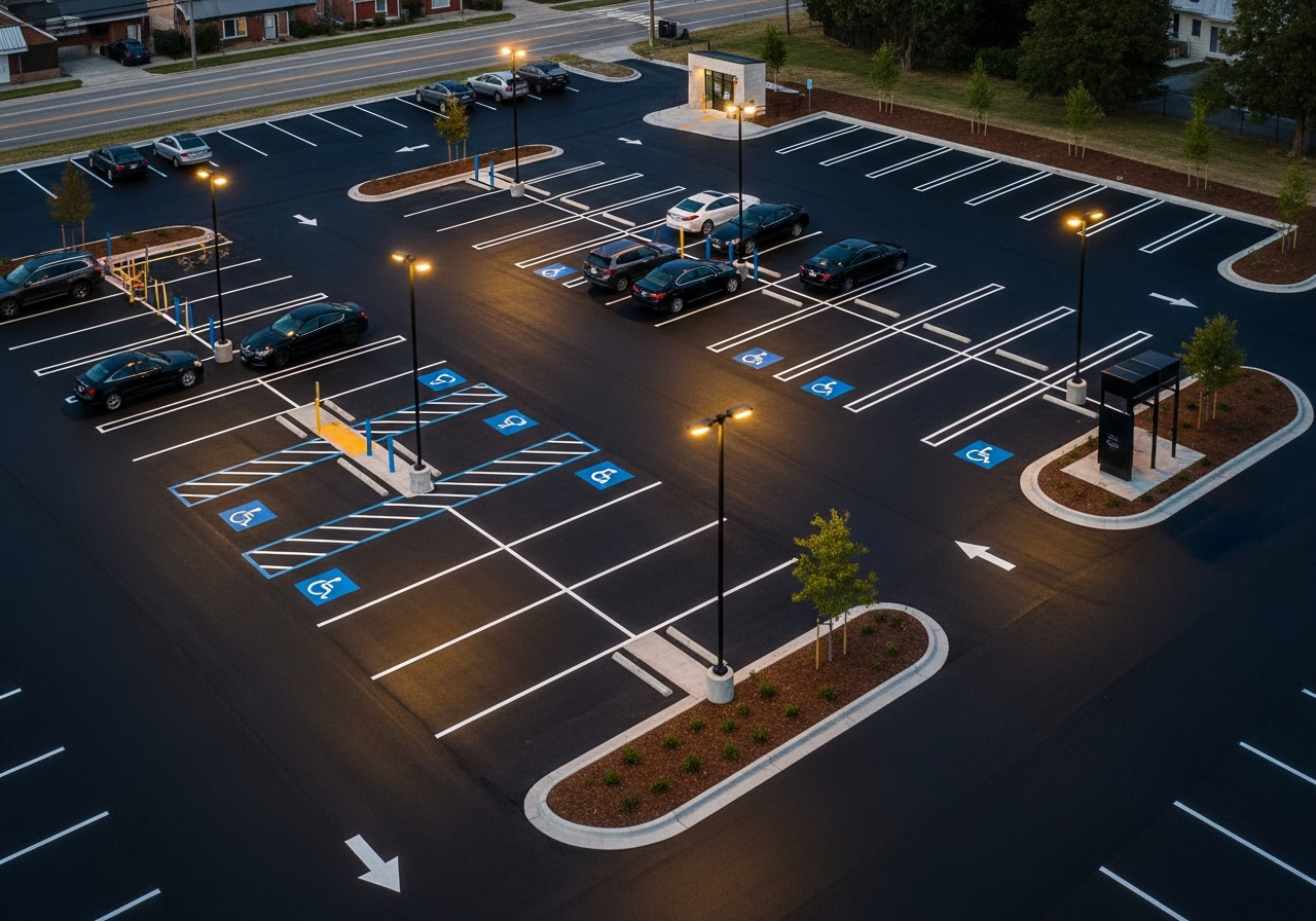 The same 100-space lot rebuilt: jet-black asphalt, crisp white double-stripe lines, marked ADA spaces, eight modern LED light columns, four PTZ security cameras, cars parked in tidy rows.
