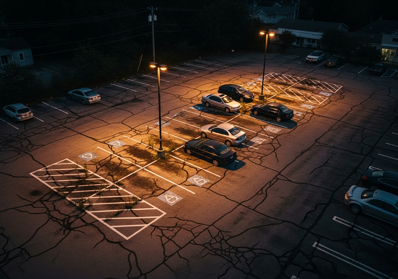 A neglected 100-space neighborhood retail parking lot at dusk: cracked sun-bleached asphalt, faint peeling stripes, weeds in cracks, a single flickering sodium lamp.