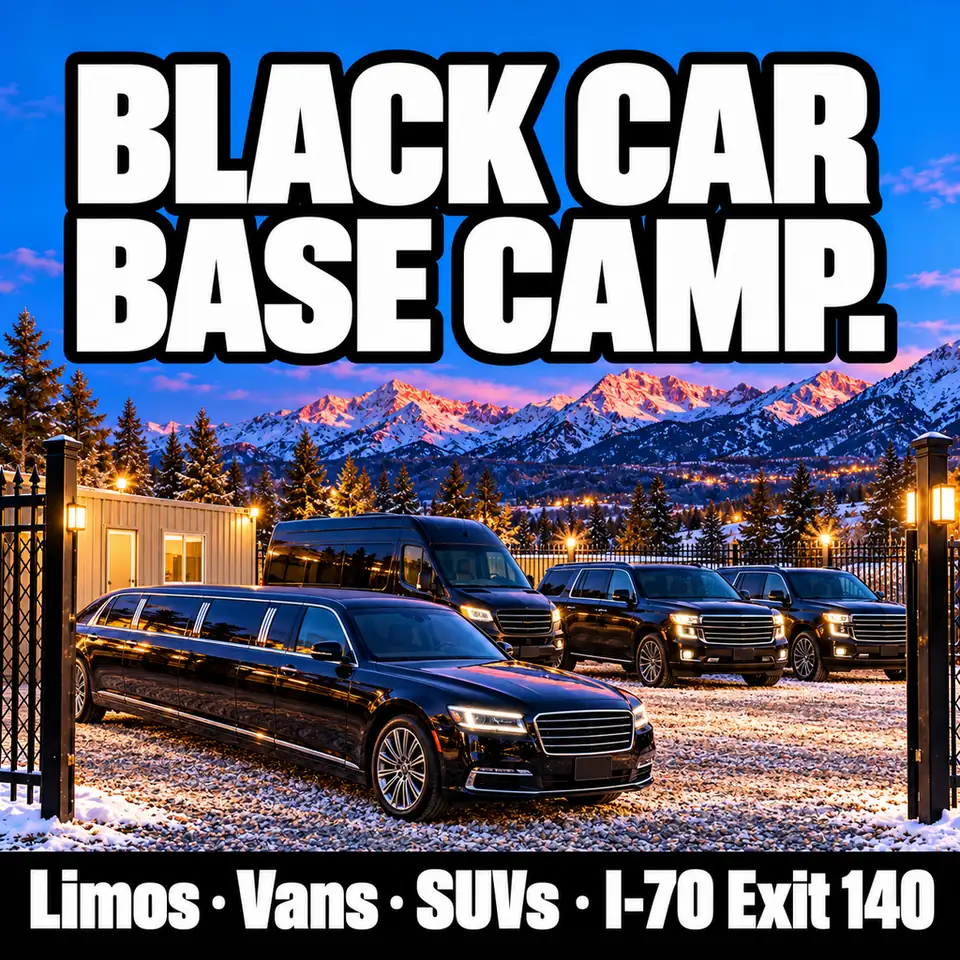 A black stretch limousine, black passenger vans and black SUVs parked inside an iron gate on a snowy lot at dusk. Text: Black car base camp. Limos, vans, SUVs, I-70 Exit 140.