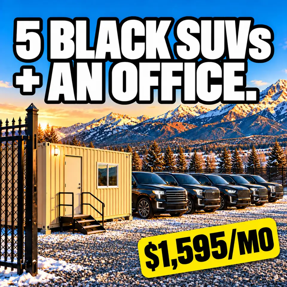 Tan office container with five black SUVs parked beside it inside an open iron gate on a snowy lot, mountains at sunrise. Text: 5 black SUVs + an office. $1,595/mo.