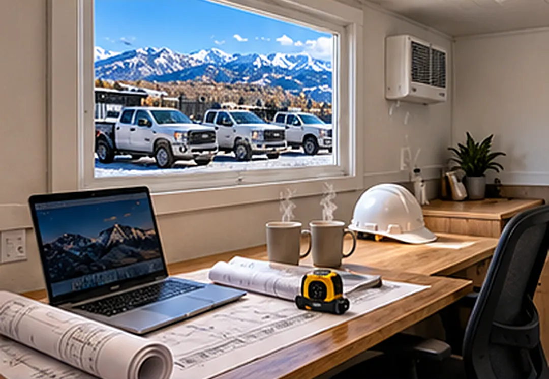 Inside a private Fleet Command Post office: desk, plans and hard hat, with white work trucks parked outside the window and snowy mountains beyond