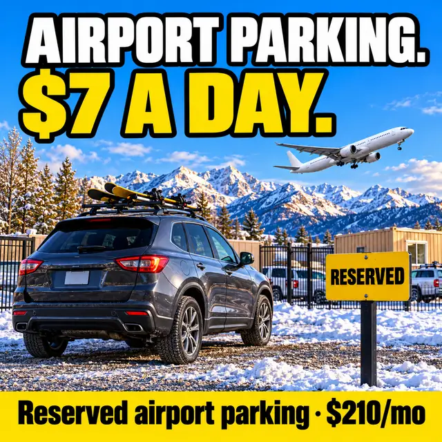Gray SUV with skis on the roof parked at a reserved space at a snowy lot, mountains and a departing plane behind it. Text: Airport parking. $7 a day. Reserved airport parking, $210/mo.