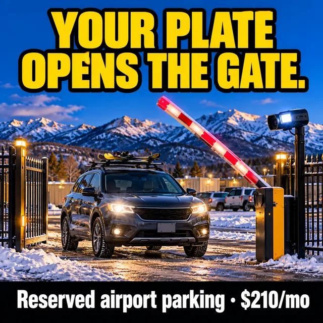 SUV with its headlights on driving through a lifted gate arm beside a plate-reading camera at a snowy lot. Text: Your plate opens the gate. Reserved airport parking, $210/mo.