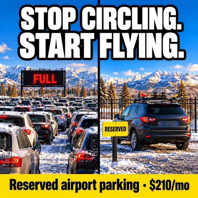 A packed, snowy parking lot under a red FULL sign while an SUV pulls into an open reserved space. Text: Stop circling. Start flying. Reserved airport parking, $210/mo.