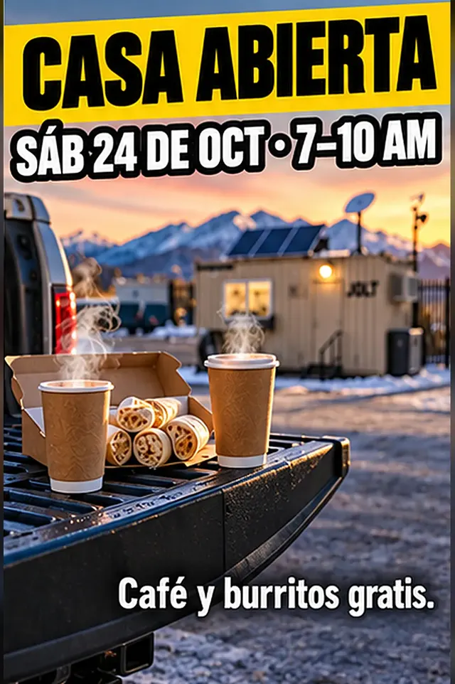 Café y burritos sobre la puerta trasera de una camioneta frente a una oficina de contenedor al amanecer. Texto: Casa abierta, sábado 24 de octubre, 7 a 10 a.m. Café y burritos gratis.