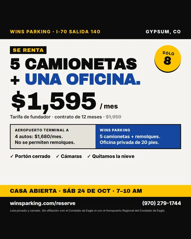 Tarjeta comparativa. Texto: Se renta, 5 camionetas + una oficina, $1,595 al mes, tarifa de fundador, contrato de 12 meses, antes $1,950. Aeropuerto Terminal A: 4 autos $1,680 al mes, no se permiten remolques. Wins Parking: 5 camionetas + remolques, oficina privada de 20 pies. Solo 8. Casa abierta sábado 24 de octubre, 7 a 10 a.m.