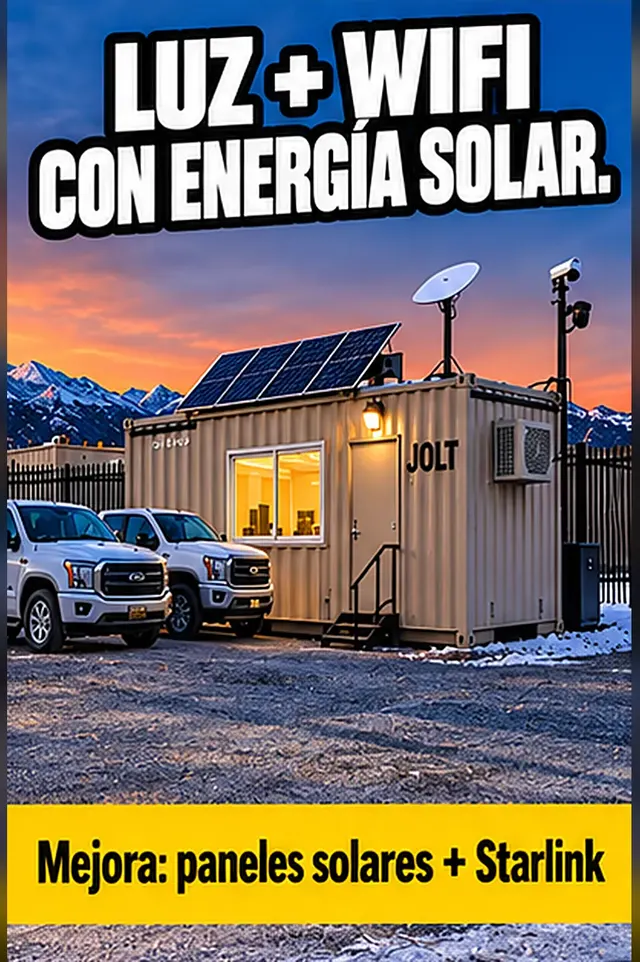 Oficina para flotillas con paneles solares y antena Starlink en el techo. Texto: Luz + WiFi con energía solar. Mejora: paneles solares + Starlink