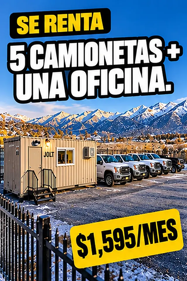 Oficina de contenedor con letrero JOLT y cinco camionetas blancas estacionadas al lado en el lote cercado de Gypsum, con montañas nevadas al fondo. Texto: Se renta. 5 camionetas + una oficina. $1,595/mes.