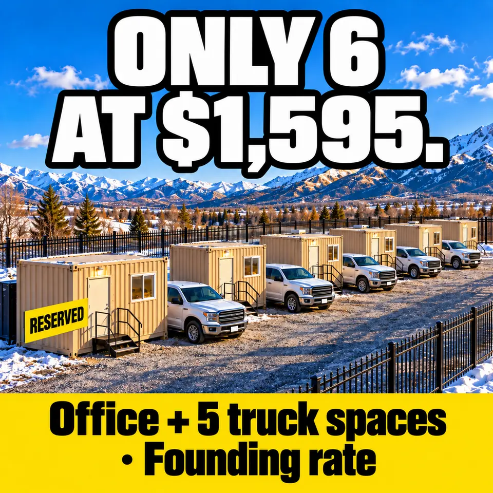 A row of tan office containers, each with white pickups beside it, along a fenced snowy lot. Text: Only 6 at $1,595. Office + 5 truck spaces, founding rate.