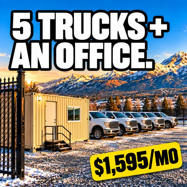 Tan office container with five white pickup trucks parked beside it inside an open iron gate on a snowy lot, mountains at sunrise. Text: 5 trucks + an office. $1,595/mo.