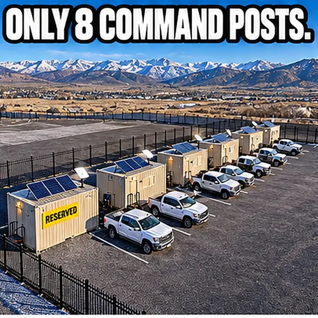 Aerial view of eight command post offices in a row at a fenced lot, each with white work trucks parked beside it and snowy mountains beyond. Text: Only 8 command posts.