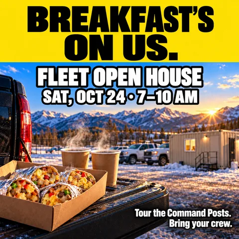 Breakfast burritos and two coffees on a truck tailgate in front of a tan office container on a snowy lot at sunrise. Text: Breakfast's on us. Fleet open house, Sat, Oct 24, 7–10 AM. Tour the Command Posts. Bring your crew.