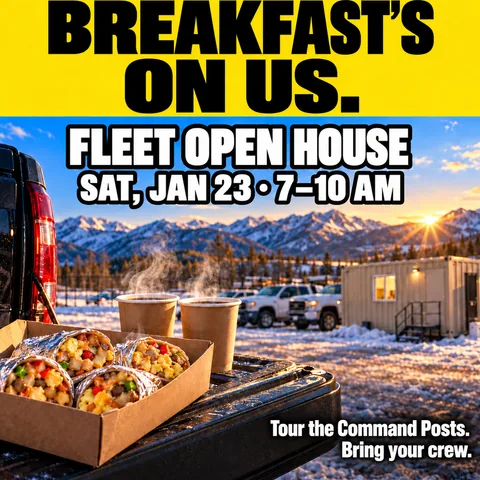 Breakfast burritos and two coffees on a truck tailgate in front of a tan office container on a snowy lot at sunrise. Text: Breakfast's on us. Fleet open house, Sat, Jan 23, 7–10 AM. Tour the Command Posts. Bring your crew.