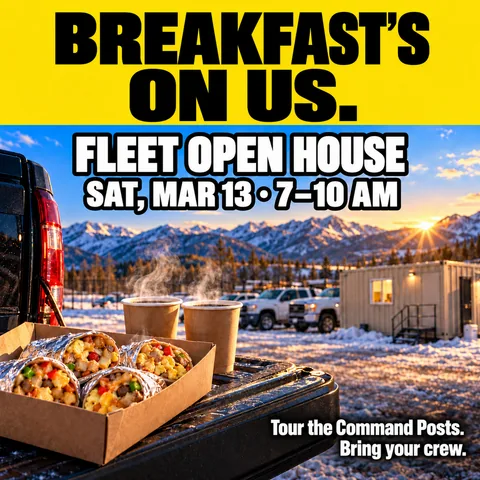 Breakfast burritos and two coffees on a truck tailgate in front of a tan office container on a snowy lot at sunrise. Text: Breakfast's on us. Fleet open house, Sat, Mar 13, 7–10 AM. Tour the Command Posts. Bring your crew.
