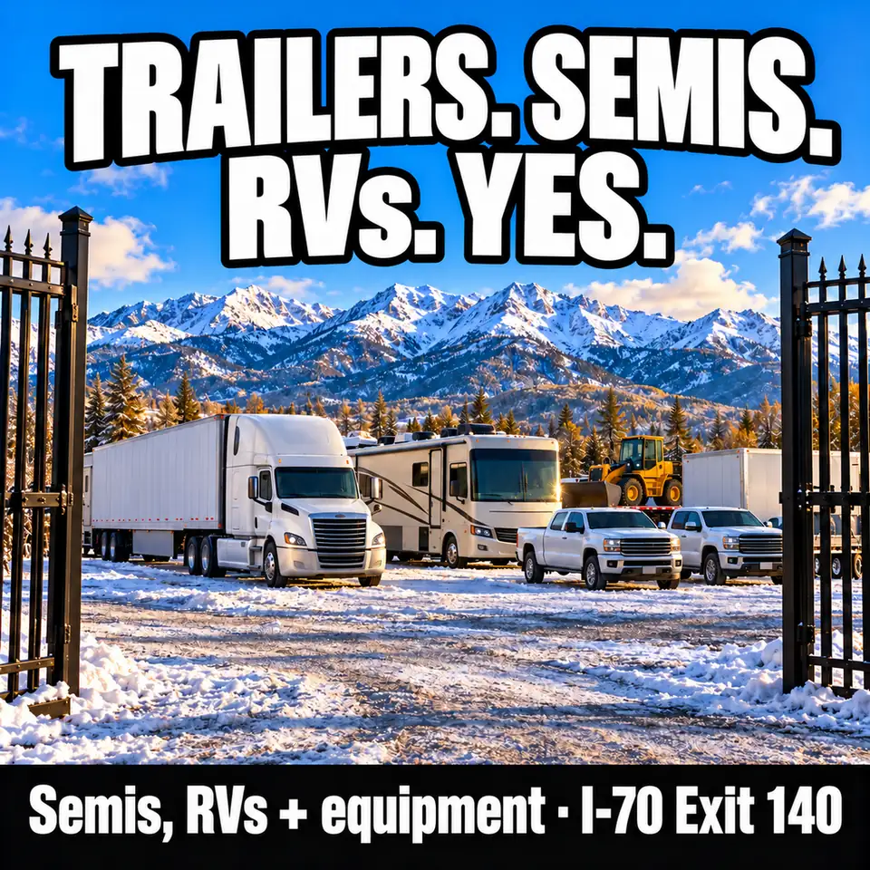 A semi truck, a motorhome and pickups parked inside an open iron gate on a snowy gravel yard, mountains behind. Text: Trailers. Semis. RVs. Yes. Semis, RVs + equipment, I-70 Exit 140.